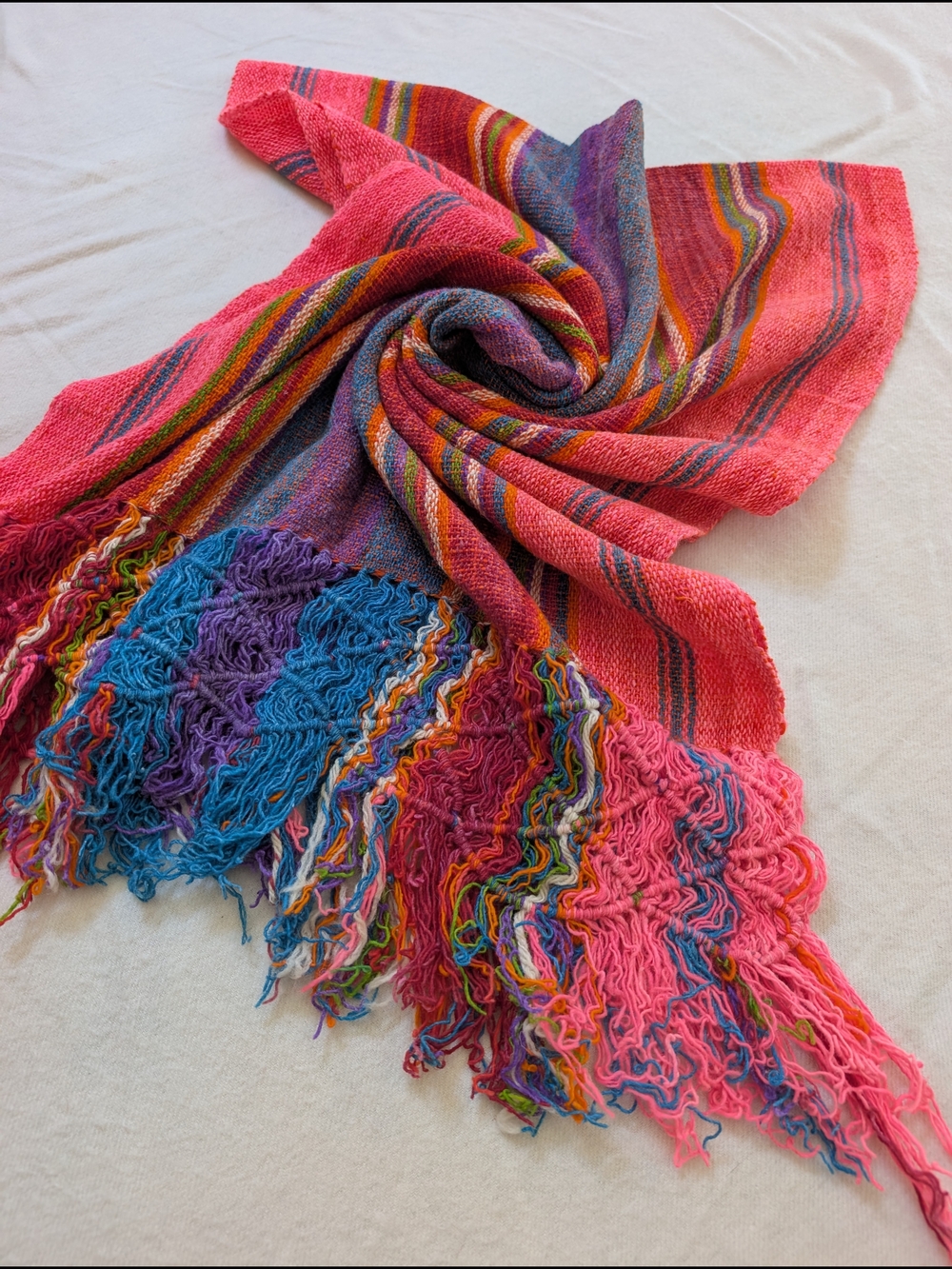 Vibrant Handwoven Multicolor Fringe Scarf - Pink Focus OS